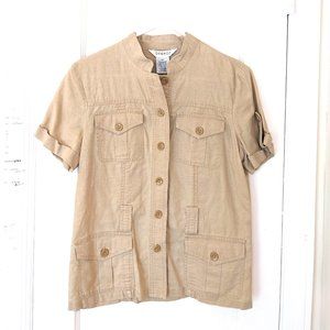 Linen Khaki Tan Safari Style Short Sleeve Shirt Jacket